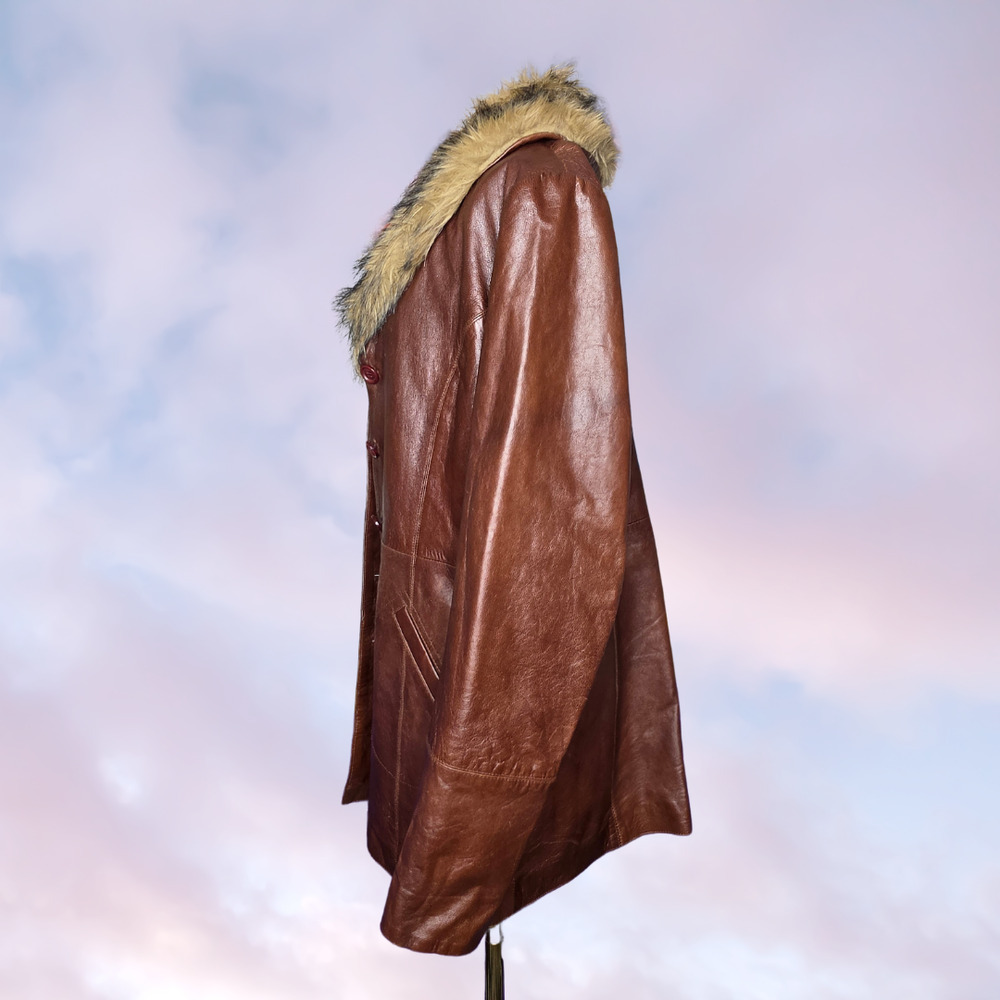 Vtg 90s Wilsons Leather Long Brown Faux Fur Collar Pennylane Trench Coat Sz L - Picture 4 of 9
